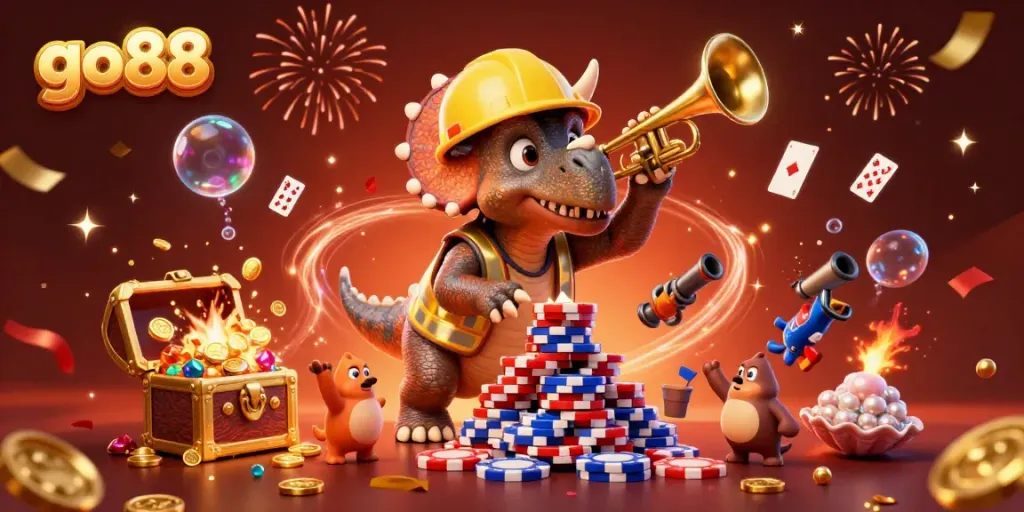 Celebrate winning at go88 with triceratops building poker chips and underwater treasures.