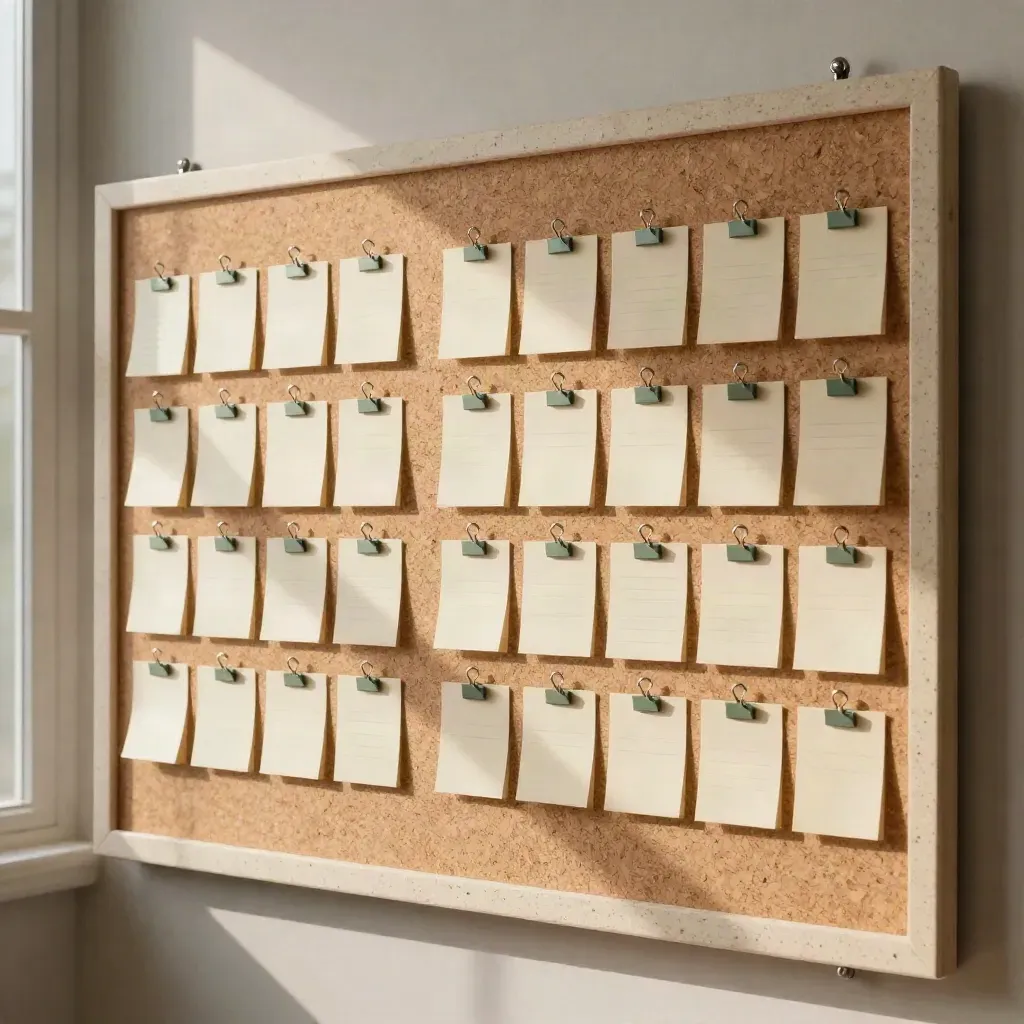 Contentstrategie-pinnenbord met kaarthouders en sage tabs in een strak raster.
