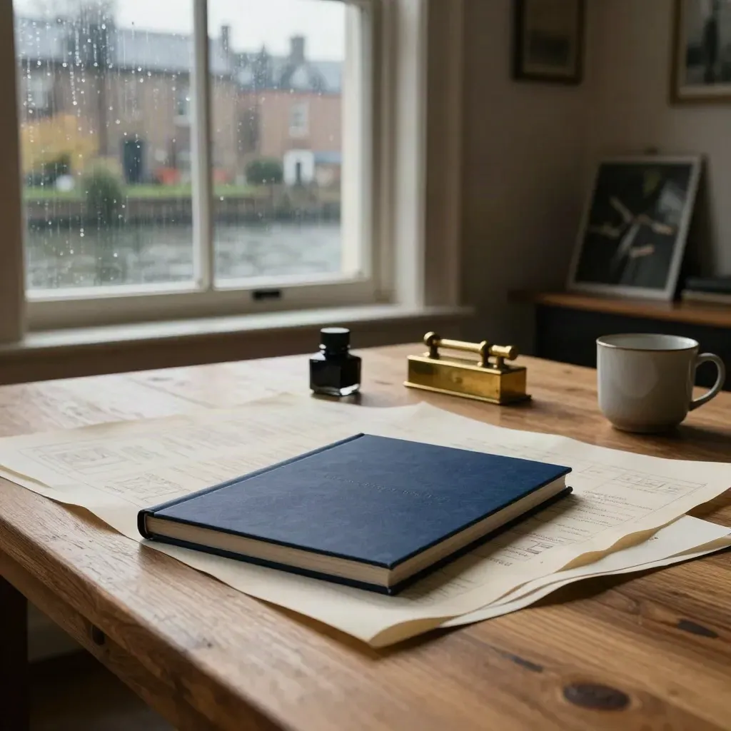 Canal-house studio met werktafel, verhalenboek, papier en warm ochtendlicht in de regen.