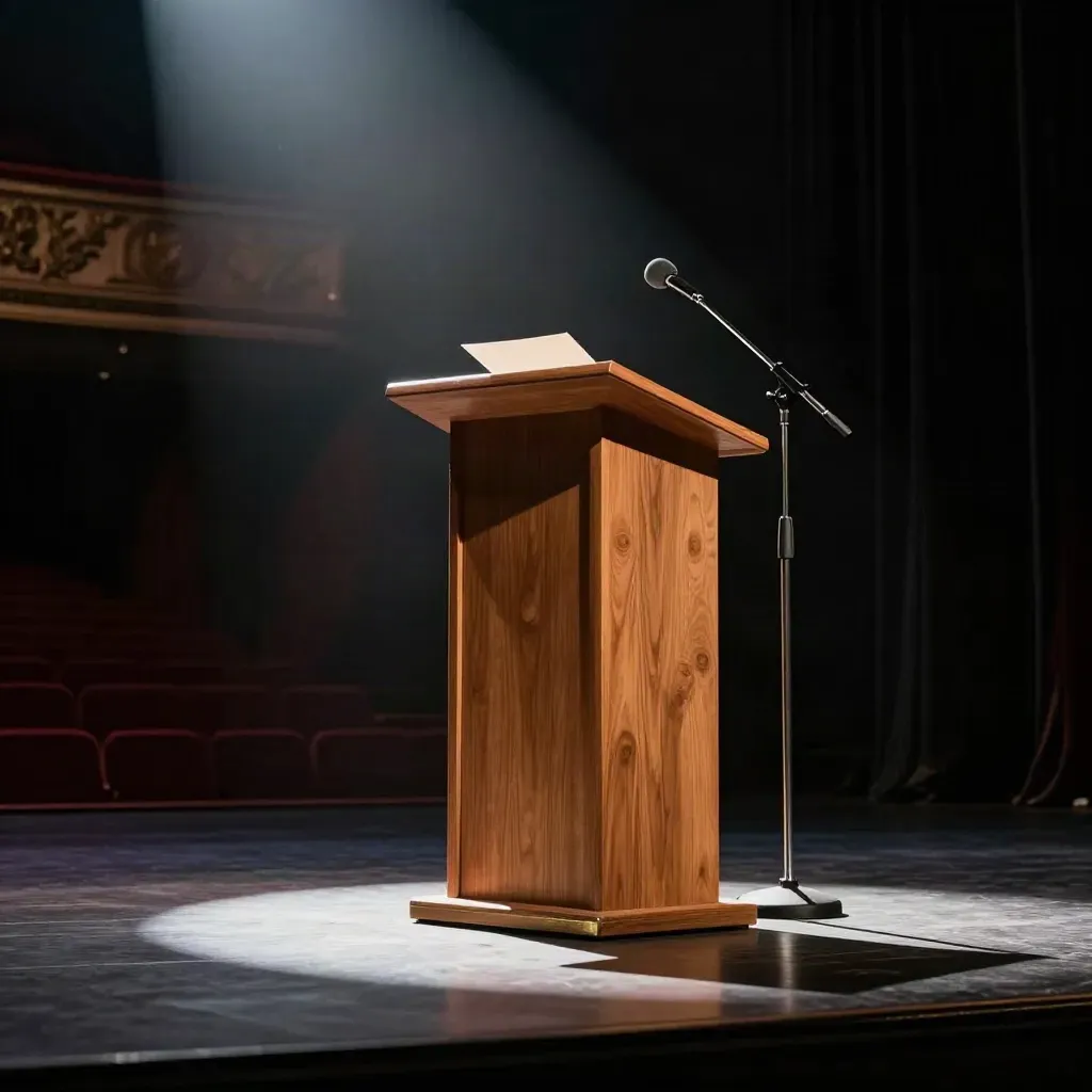 Leeg podium met lessenaar, microfoonstandaard en speechfolder in een donker theater
