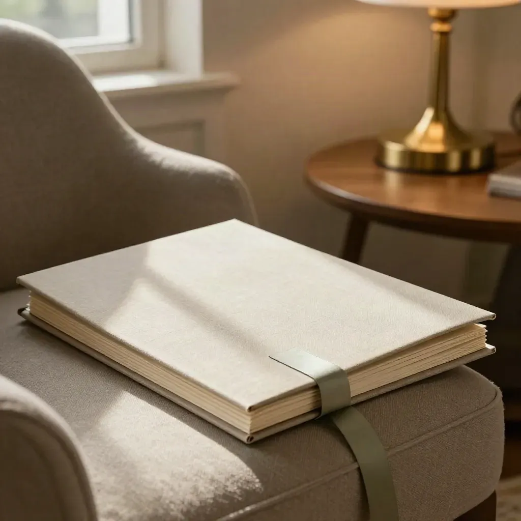 Macro van een coachingfolder, linnen stoel en warme lamp in een rustige studiohoek.