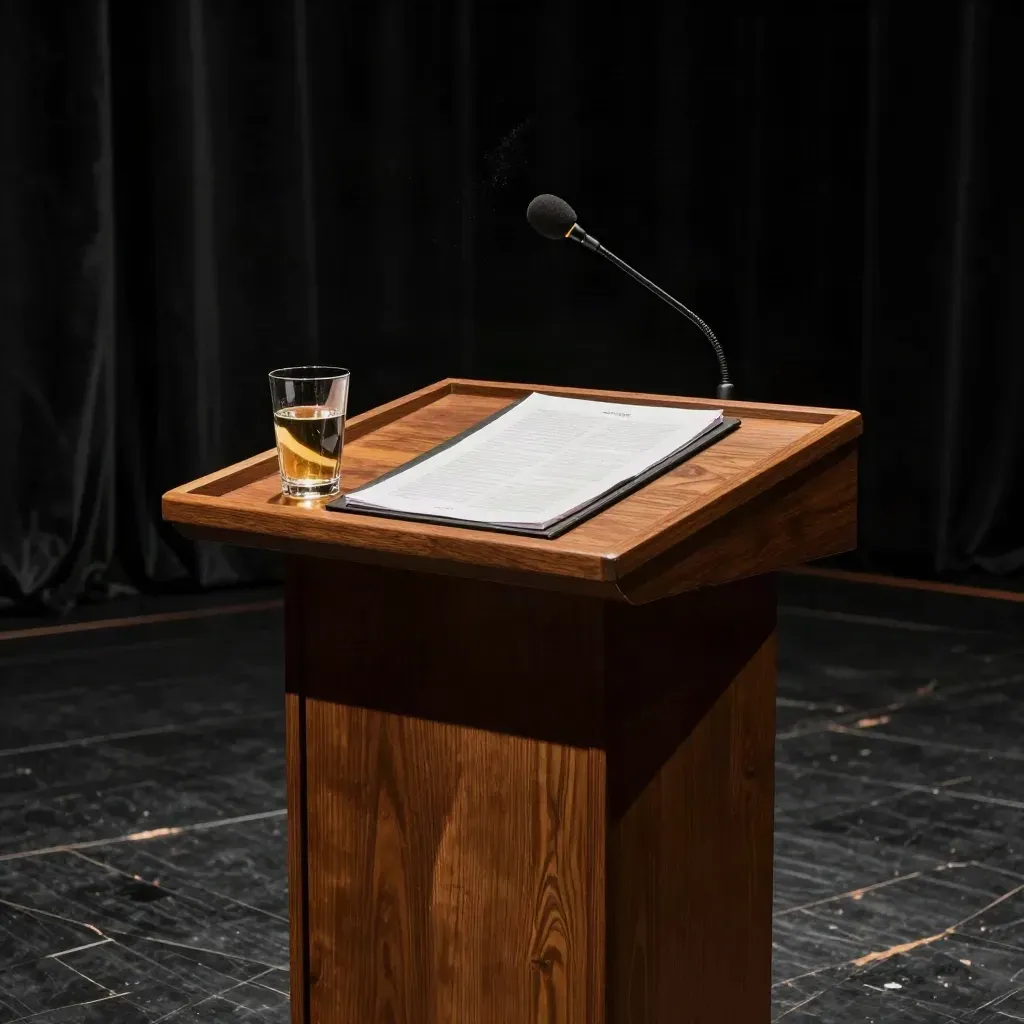 Lage foto van een spreekpodium met speechmap, waterglas en microfoon in dramatisch licht.