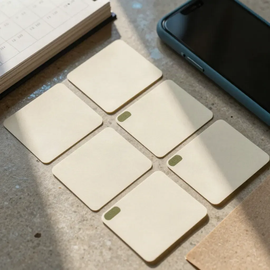 Bovenaanzicht van een planningskit met kaartjes, kleurtabjes en een gesloten telefoon.