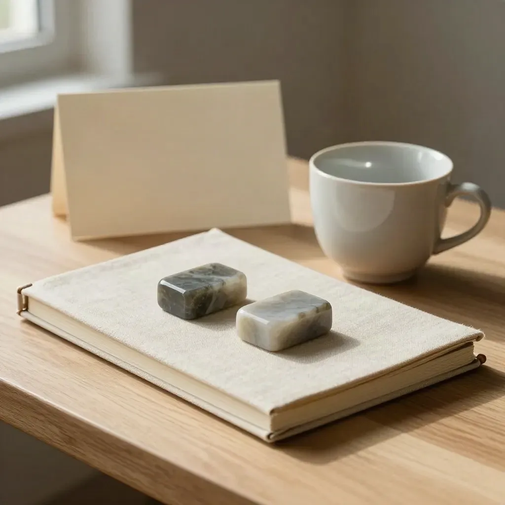 Stilleven van notitieboek, beker, stenen paperweights en linnen doek op licht hout.