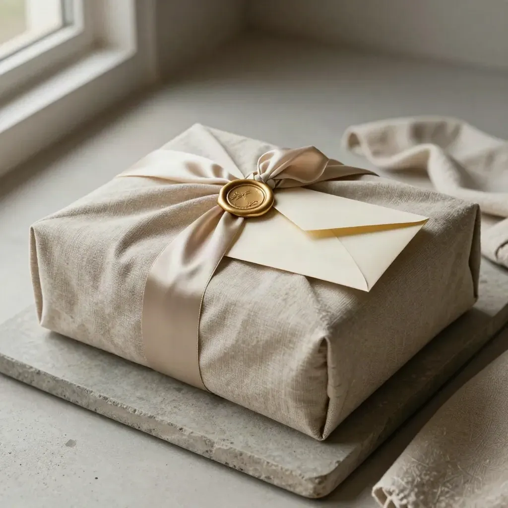 Linnen pakket met waszegel, envelop en lint op stenen tray in zacht licht.