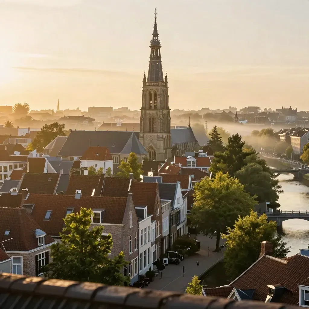 Domtoren boven Utrecht bij zonsopkomst, met zachte mist boven singels en daken.