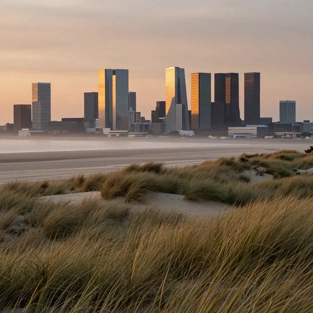 Rotterdamse skyline boven duinen en zee in gouden avondlicht met mist en ruimte