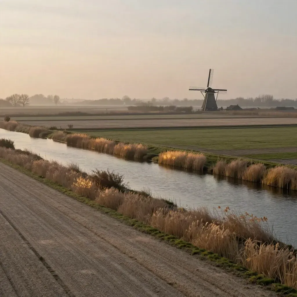 Uitzicht op een Hollands polderlandschap met water, riet, weilanden en een verre molen in avondmist.