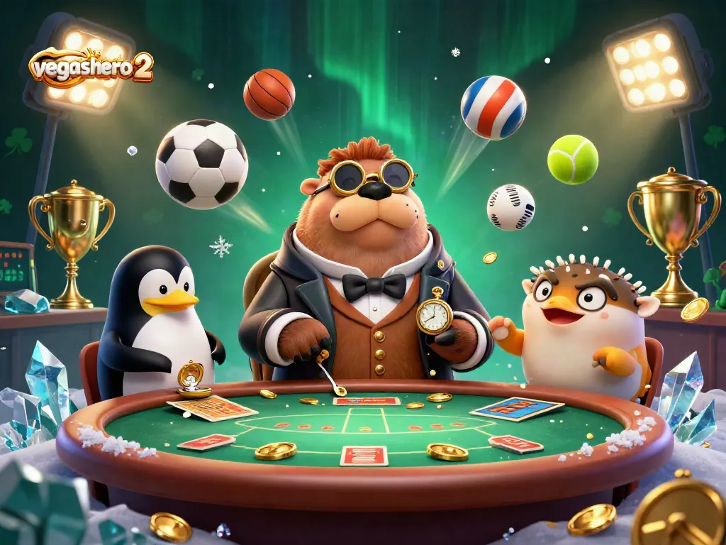 Play poker with sophisticated walrus and penguin at vegashero 2 casino scene with dynamic elements.