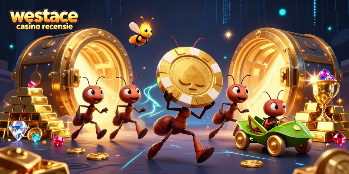 Westace casino recensie toont een dynamische scène van een team mieren die een gigantische pokerchip stelen met gouden elementen rondom.