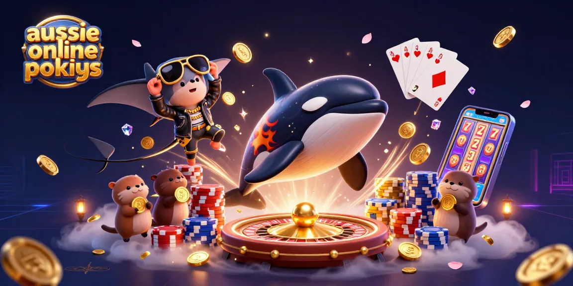 Aussie online pokies scene with a 3D orca, stingray, and otters surrounded by casino elements.