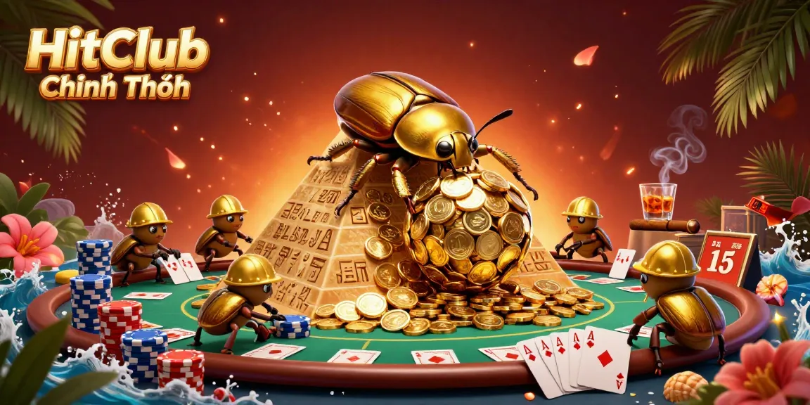 Experience excitement with HitClub Chính Thức while golden beetles roll coins at a vibrant online casino.