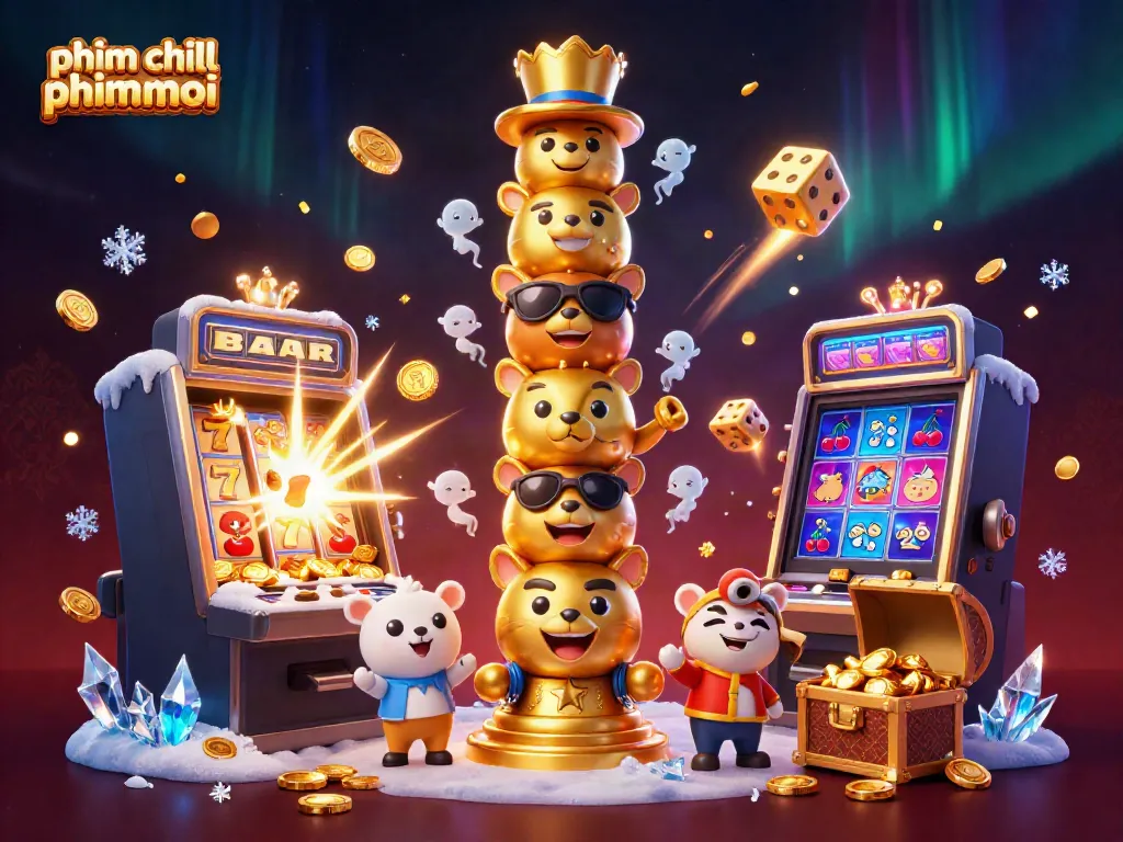 Engaging scene of phim chill phimmoi with a golden totem pole, jackpot slot machine, and casino elements.