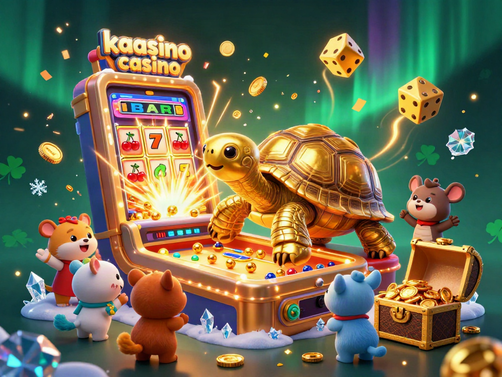 Engage in thrilling gaming at kaasino casino with a vibrant scene of cartoon characters and slot machines.