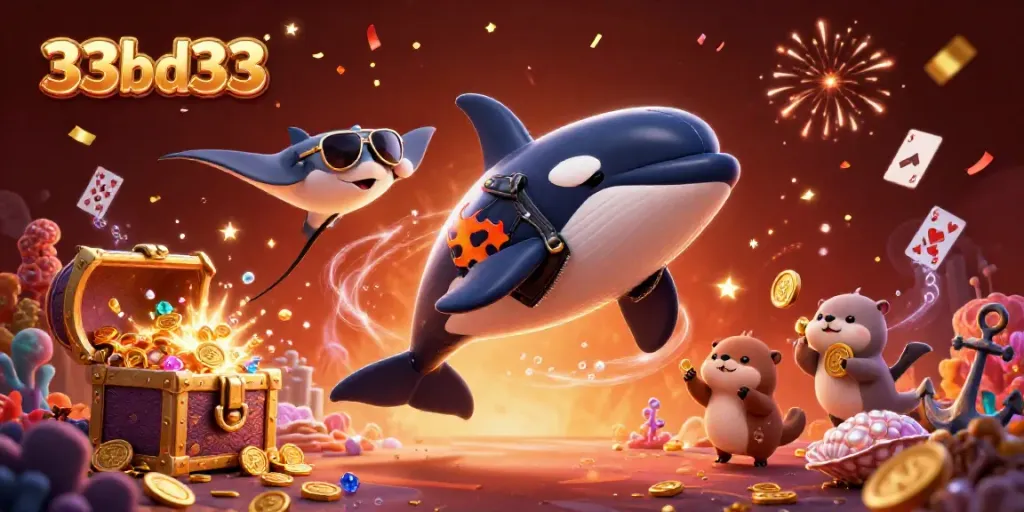 Engage with the exciting world of 33bd33 casino games featuring an orca, stingray, and otters in a vibrant underwater scene.