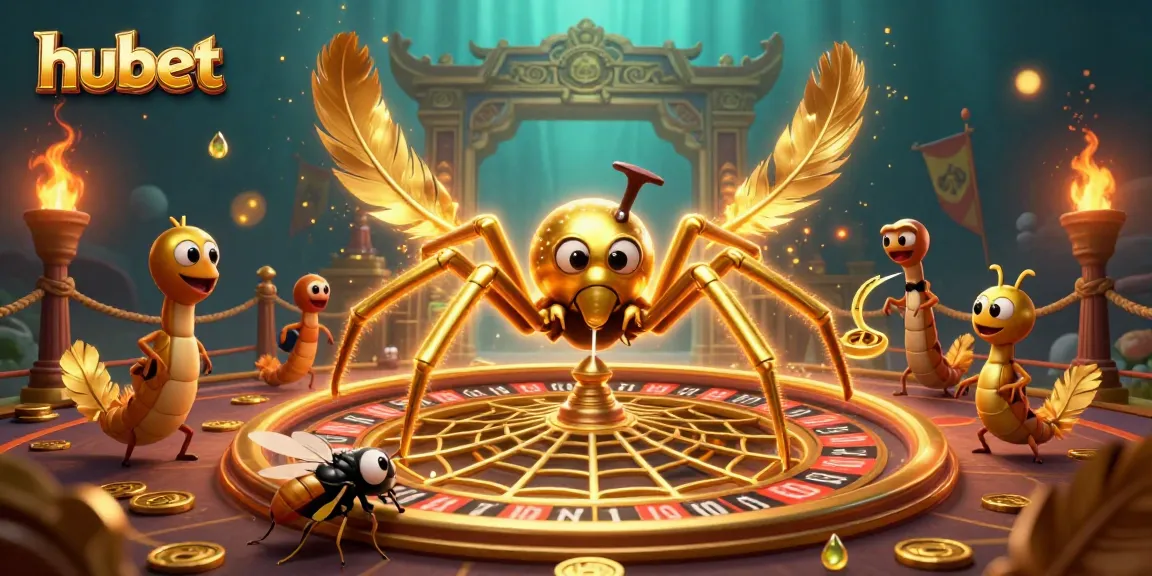 hubet showcases an engaging 3D scene with a golden spider and lively casino elements, attracting online gamblers.