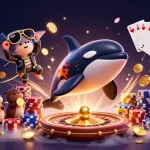 Aussie online pokies scene with a 3D orca, stingray, and otters surrounded by casino elements.